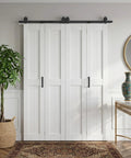 60 By 84 Inch Bifold Barn Door Kit With H Shape Hardware For Tight Squeezes, white bifold panels installed with decorative hardware.
