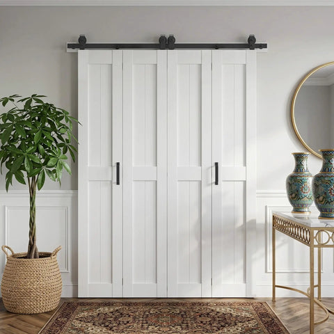 60 By 84 Inch Bifold Barn Door Kit With H Shape Hardware For Tight Squeezes, white bifold panels installed with decorative hardware.