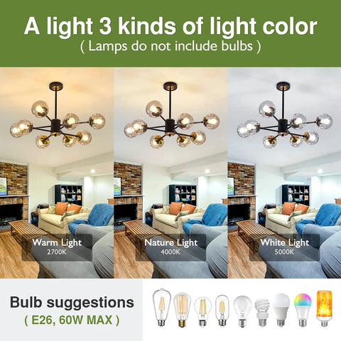 8 Light Chandelier Pendant Lighting Black With Glass Globes Dope Vintage Sputnik Ceiling Light Fixture for various light colors