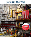 Nut and bolt thread checker on pegboard wall; red gauge inset shows 14 standard and 14 metric sizes.