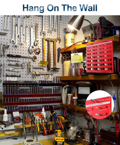 Nut and bolt thread checker on pegboard wall; red gauge inset shows 14 standard and 14 metric sizes.