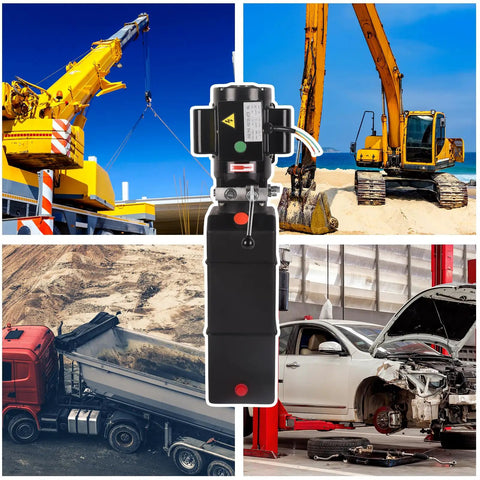 Beefy 16 Quart Hydraulic Power Unit 220V 2.2kW 3450 RPM Single Acting Pump for car lifts and dump trailers pictured with vehicles.