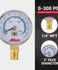 Rugged Brass High Pressure Gauge 0 to 300 Psi With One Quarter Inch NPT Connection, clear readout, durable brass body visible