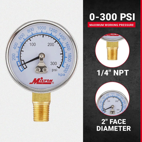 Rugged Brass High Pressure Gauge 0 to 300 Psi With One Quarter Inch NPT Connection, clear readout, durable brass body visible