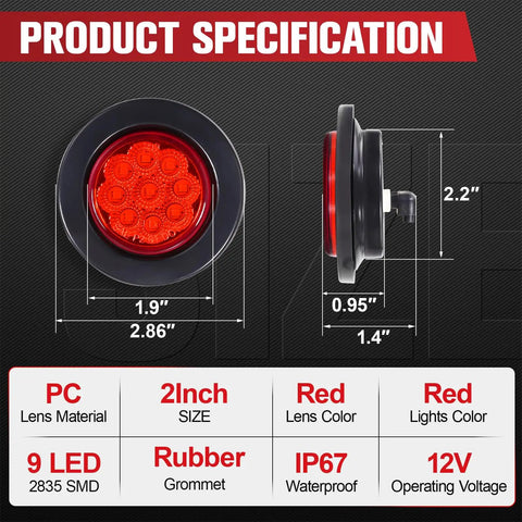 10 Pack 2 Inch 9 LED Side Marker Lights With Rubber Rings Red For Cars Trucks And SUVs, side view and dimensions