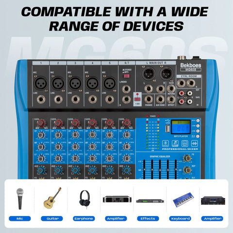 Six Channel Pro Audio Mixer With 48V Phantom Power USB Bluetooth MP3 Input Built In 16 DSP Effects Stereo Digital Interface