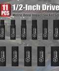 Half Inch Drive Metric Deep Impact Socket Set Workhorse For Tough Jobs CrV 6 Points 11 Socket Kit with Phosphate Finish