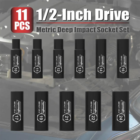 Half Inch Drive Metric Deep Impact Socket Set Workhorse For Tough Jobs CrV 6 Points 11 Socket Kit with Phosphate Finish