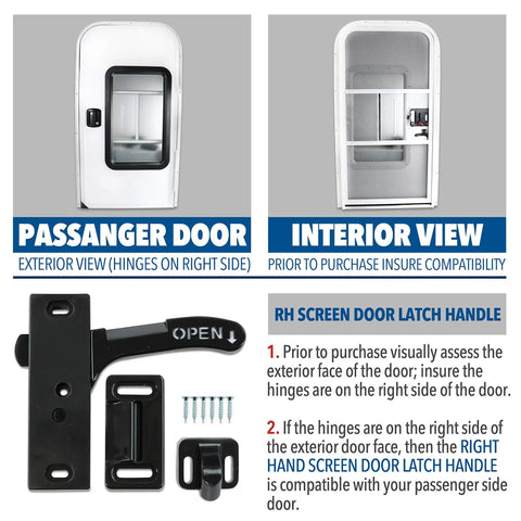 Right Hand RV Screen Door Latch Handle Kit For Campers, Motorhomes And Travel Trailers, exterior and interior views