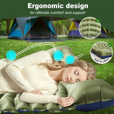 Woman sleeping on Ultralight Two Person Camping Sleeping Pad With Built In Pillow And Foot Pump Inflatable Four Inch Thick Mat