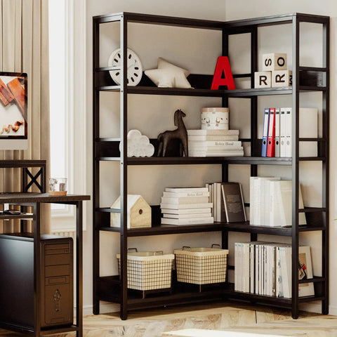 FiveTier Industrial Corner Bookshelf With HeavyDuty Metal Frame L Shaped Storage Rack For Cramped Corners Solid Bookcase Organizer To Level Up Home Office Or Living Room Decor