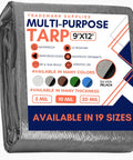 Heavy Duty Tarp Cover 9X12 Waterproof All Weather Protection For Tarpaulin Canopy Tent Boat RV Pool Cover Thick Material Durable Outdoor Shield For Extreme Sun, Rain, And Snow with label showcasing features and size.