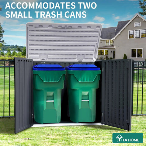 Outdoor Resin Storage Shed With Multi Opening Doors Easy Access Weatherproof Lockable 35 Cu Ft Capacity For Bikes Trash Cans And Garden Tools Durable Waterproof Dark Gray with open lid showing two small trash cans inside.