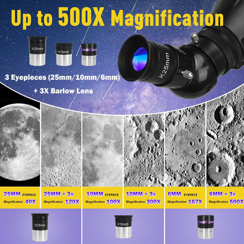 Dope High Powered Refractor Telescope For Adults With 90mm Aperture And 1000mm Focal Length 500x Magnification eyepieces display