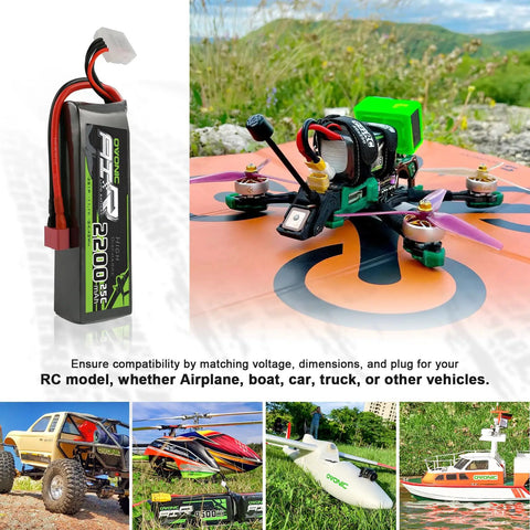 3S 2200mAh 11.1V LiPo battery with Dean Style T Connector displayed with various RC models including quadcopters and cars