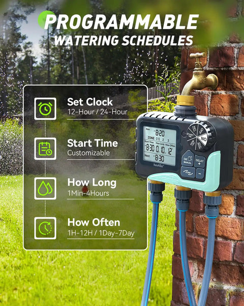 Three Zone Lawn Water Timer With Brass Inlet And Outlet, Independent Scheduling For Each Zone, IP65 Waterproof Sprinkler Timer with LCD screen in garden setting