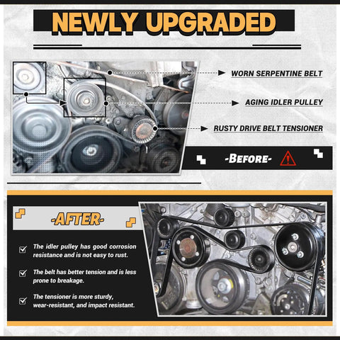 Comparison of before and after upgrades of Mercedes-Benz Serpentine Belt Kit With Drive Belt Tensioner And Idler Pulley For ML350 ML550 C230 C300 C350 E350 S550 2006 2007 2008 2009 2010 2011 All-In-One Replacement 6PK2404