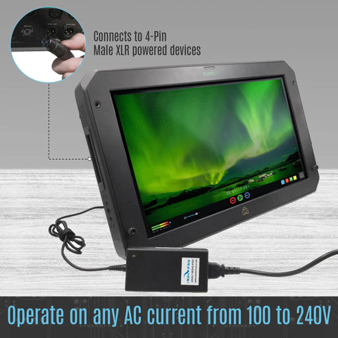 12V 10A AC Power Supply With 4 Pin XLR Female Connector Universal 100 To 240V Input Continuous Power Adapter connected to monitor