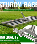 Heavy Duty 36x12 Inch Lawn Leveling Rake With Stainless Steel Build And Adjustable 78 Inch Handle shown on grass