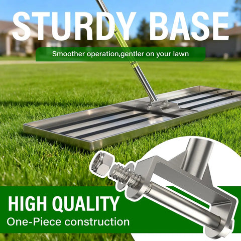 Heavy Duty 36x12 Inch Lawn Leveling Rake With Stainless Steel Build And Adjustable 78 Inch Handle shown on grass