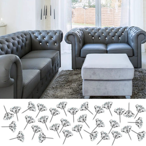Crystal Upholstery Nails Tacks Set used in tufted sofa decor, 150 Piece Diamond Crystal Fasteners for furniture sofa detailing.