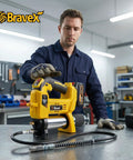 Person using Cordless 21V Grease Gun With 12000 PSI Output 40 Inch Hose Battery Powered Electric Grease Gun in workshop setting.