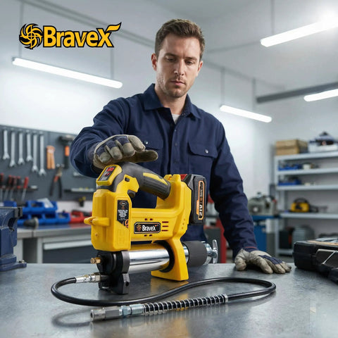 Man using Cordless Grease Gun With Makita 21V Battery Compatibility 12000 PSI Electric Grease Gun Long 40 Inch Hose