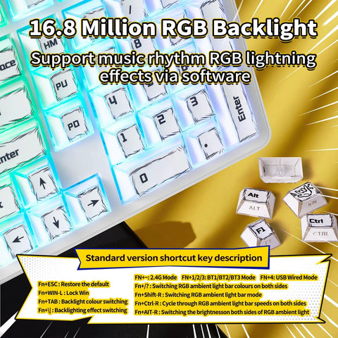Close-up of Badass Wireless Mechanical Keyboard With Triple Mode Connectivity And A Massive 8000mAh Battery Featuring Creamy Thocky Switches for RGB effects.