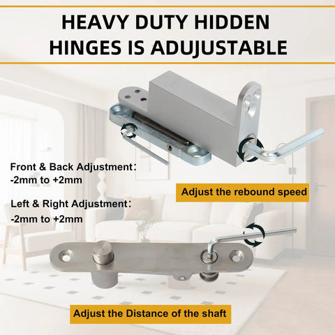 Heavy Duty Self Closing Pivot Hinge With Smooth Swing Action Built Tough For Wood And Secret Doors, adjustable features shown.