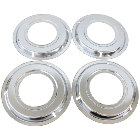 Replacement Round Gas Stove Drip Pans For Frigidaire And Tappan 4 Pack Made In USA Fits 5303131115 displayed in a set of four silver pans.