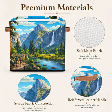 Slick 13 Inch Foldable Cube Storage Bins For Closets And Shelves Easy Clean Waterproof Bin with reinforced handles and colorful mountain design.