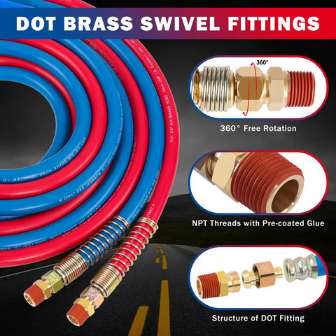 Red and blue hose kit with DOT brass swivel fittings, part of 12 Ft Semi Truck Air Line Hose Assembly With Tender Spring Gladhands And Handles Durable Rubber Air Brake Hoses Kit For Truck Trailer And Tractor Red And Blue Color Coded Workhorse DOT FMVSS 106 SAE J1402 Type A Compliant