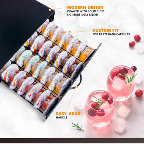 Bartesian Capsule Holder With Slide Out Drawer Matte Black 40 Pod Storage Organizer open with cocktails and pods visible