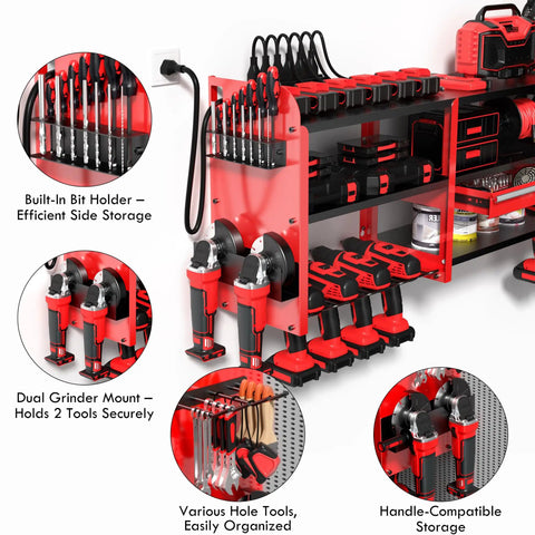Power Tool Organizer Wall Mount With Locking Drawers Grinder Holder Hammer And Pliers Rack And 6 Outlet Charging Shelf