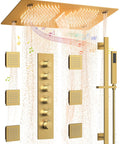 Premium Stainless Steel Ceiling Mount Top Tier Overhead Shower System Featuring Vibrant Led Mood Lights And Integrated Bluetooth Speaker For A Smooth Game Changing Chill Experience In Brushed Gold Finish, showcasing overhead water flow.