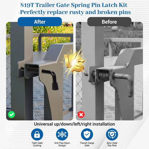 Before and after comparison of Heavy Duty 819T Trailer Gate Spring Pin Latch Kit Black, showing replacement of rusty pins.