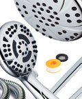 Close-up of high-pressure 3-way shower spa combo showing chrome finish with adjustable extension arm and accessories.