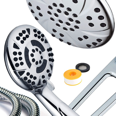 Close-up of high-pressure 3-way shower spa combo showing chrome finish with adjustable extension arm and accessories.