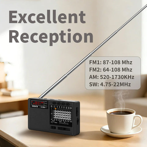 Dope Portable Shortwave Radio With DSP And 12 Bands AM FM SW, 22 inch antenna in a room with coffee cup on table