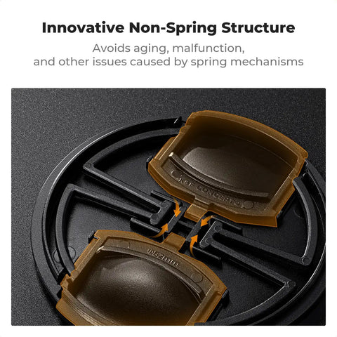 Close-up of 4 In 1 Center Pinch Lens Cap Kit with Anti Loss Keeper Leash showing innovative non-spring mechanism for 49mm lenses.