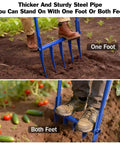 Heavy Duty Broadfork 56 Inch Garden Tool With Unbreakable Build And Five 11 Inch Cambered Tines, shown in soil use