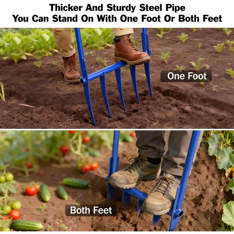 Heavy Duty Broadfork 56 Inch Garden Tool With Unbreakable Build And Five 11 Inch Cambered Tines, shown in soil use