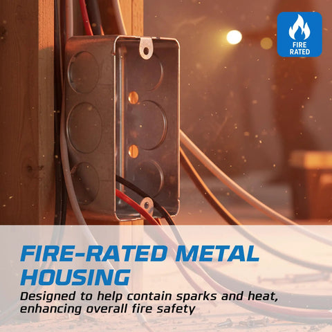 Heavy Duty 4x2 Inch Steel Electrical Handy Box Kit 10 Pack With 1/2 Inch And 3/4 Inch Knockouts 2-1/8 Inch Deep 17 Cu In Junction Box For Outlets And Switches Fire Rated And UL Listed shown installed on a wooden frame with visible wiring and fire-rated label.