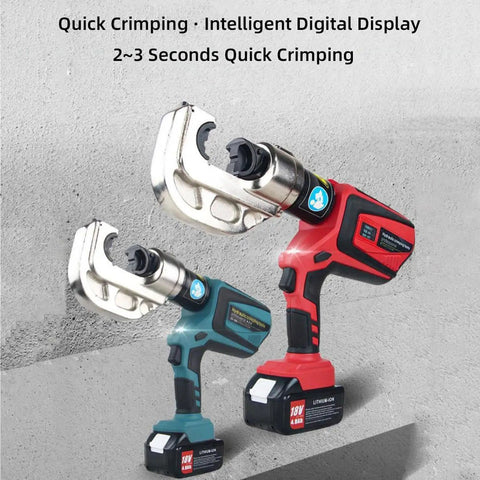 Heavy Duty Portable Rechargeable Hydraulic Cable Crimper Quickly Crushes Copper And Aluminum Terminal Connectors Fast With Dual Lithium Battery Packs For Daily Trade Grind, showing two crimping tools.