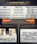 Compatibility chart for Hyundai Sonata 2011-2014 tail lamp holder and wiring harness with eight halogen bulbs, rear exterior view.