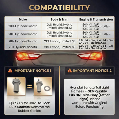 Compatibility chart for Hyundai Sonata 2011-2014 tail lamp holder and wiring harness with eight halogen bulbs, rear exterior view.