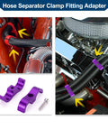 Premium AN10 Hose Separator Clamp Set Purple Anodized Aluminum shown installed and uninstalled for dual tube line organization.
