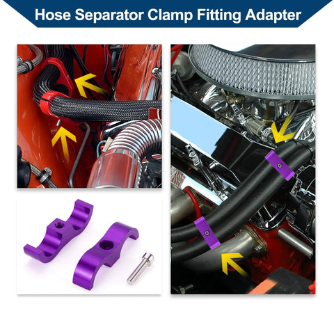 Premium AN10 Hose Separator Clamp Set Purple Anodized Aluminum shown installed and uninstalled for dual tube line organization.