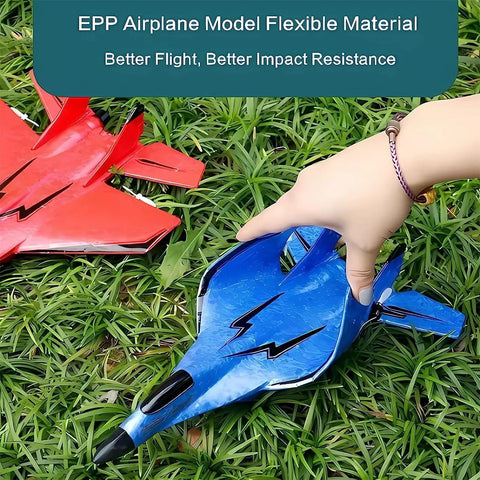 Blue and red RC Airplane Toy With Lights, Su-35 Style Glider on grass, showing durable lightweight foam and flexible design.