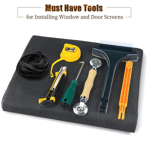 All In One 7 Piece Window Screen Repair Kit With 39 By 118 Inch Replacement Screen Spline Roller Hook Tape Measure Cutter And Clean Brush for Fiberglass Windows